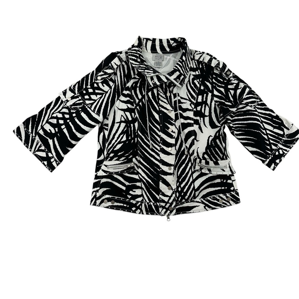 Just B Women Zebra Palm Print Utility Jacket Black White 3/4 Sleeve L Mob Wife